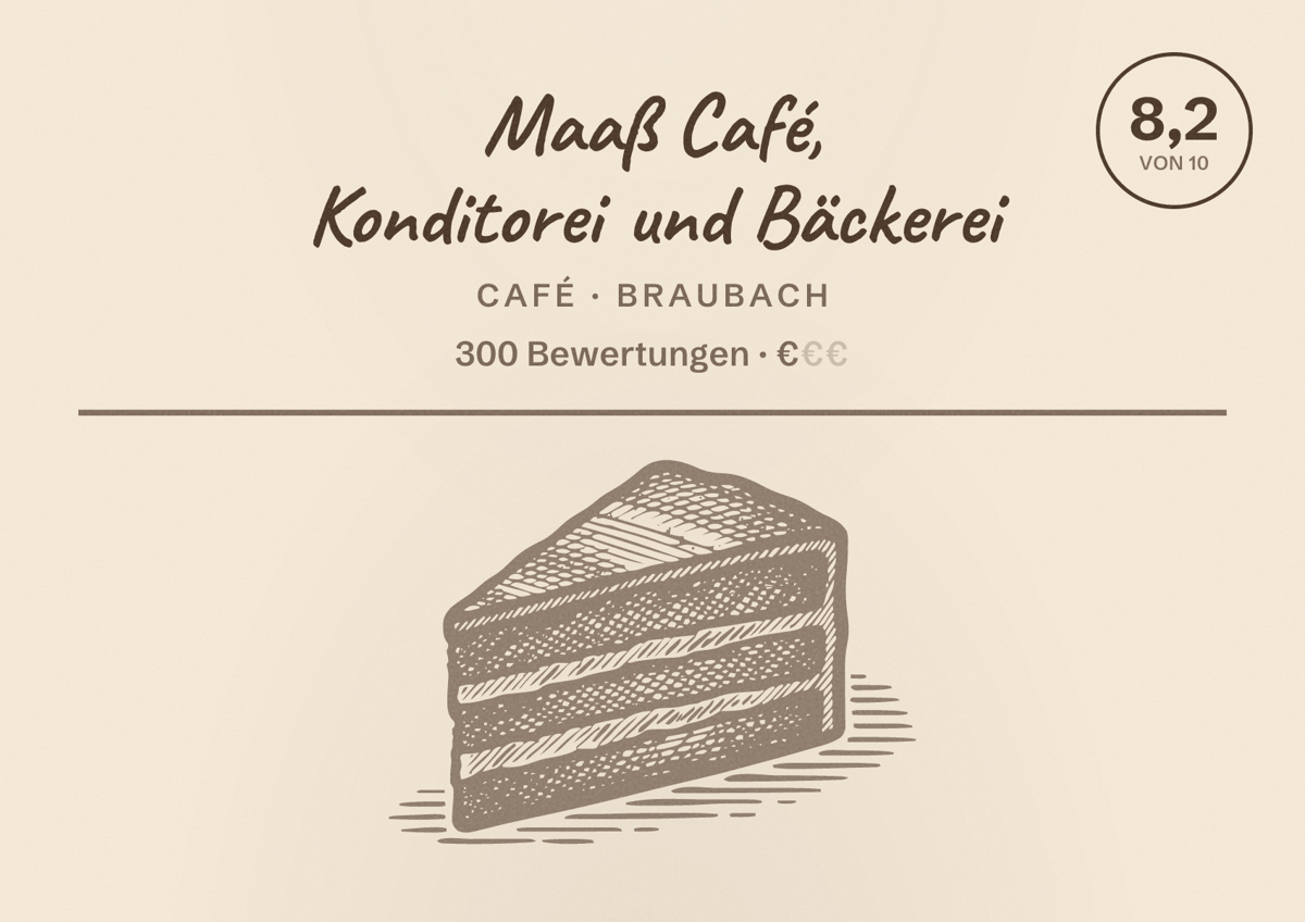Illustriertes Poster von Maaß Café, Konditorei und Bäckerei, Café in Braubach: Bewertung 8,2 von 10 aus 300 Bewertungen, Preisniveau €
