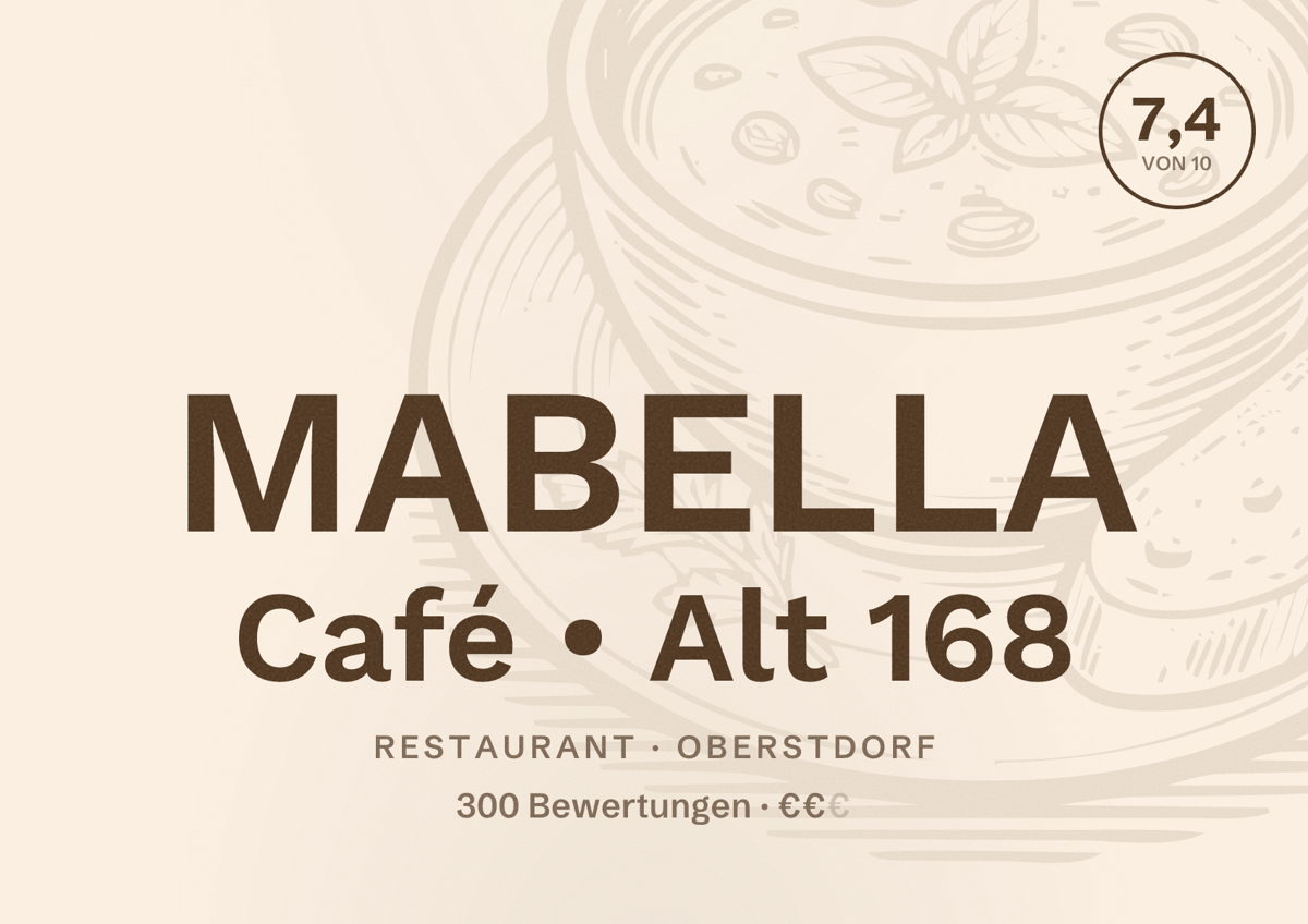 Illustriertes Poster von MABELLA Café • Alt 168, Restaurant in Oberstdorf: Bewertung 7,4 von 10 aus 300 Bewertungen, Preisniveau €€