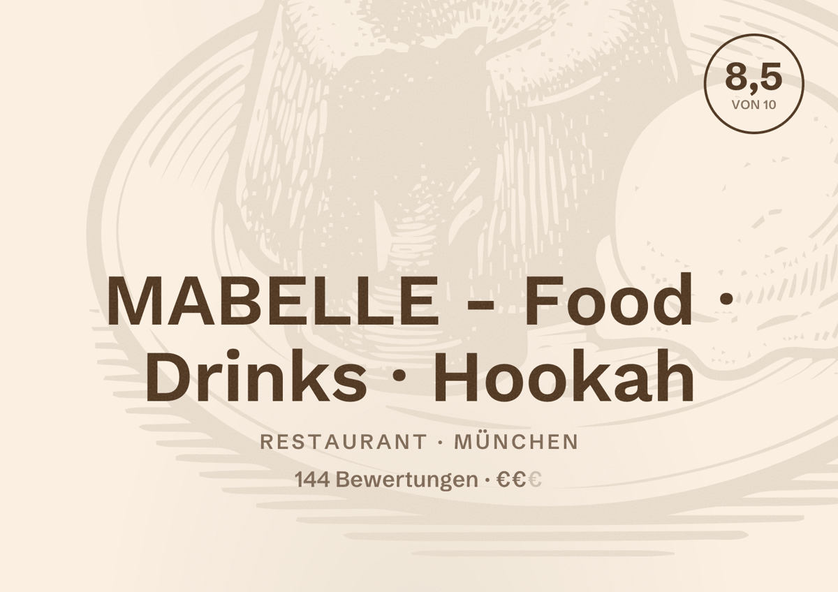 Illustriertes Poster von MABELLE - Food · Drinks · Hookah, Restaurant in München: Bewertung 8,5 von 10 aus 144 Bewertungen, Preisniveau €€