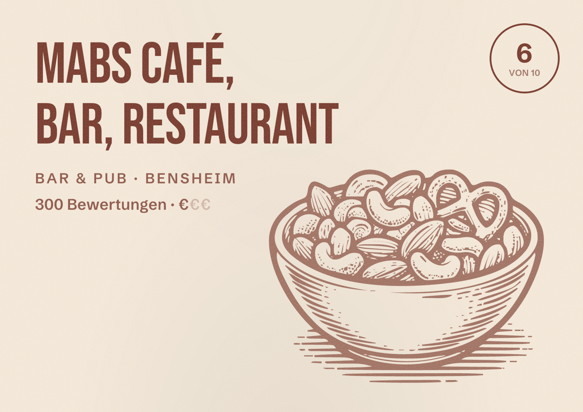 Illustriertes Poster von MaBs Café, Bar, Restaurant, Bar & Pub in Bensheim: Bewertung 6 von 10 aus 300 Bewertungen, Preisniveau €