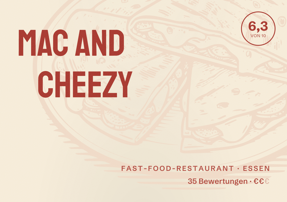 Illustriertes Poster von Mac and Cheezy, Fast-Food-Restaurant in Essen: Bewertung 6,3 von 10 aus 35 Bewertungen, Preisniveau €€