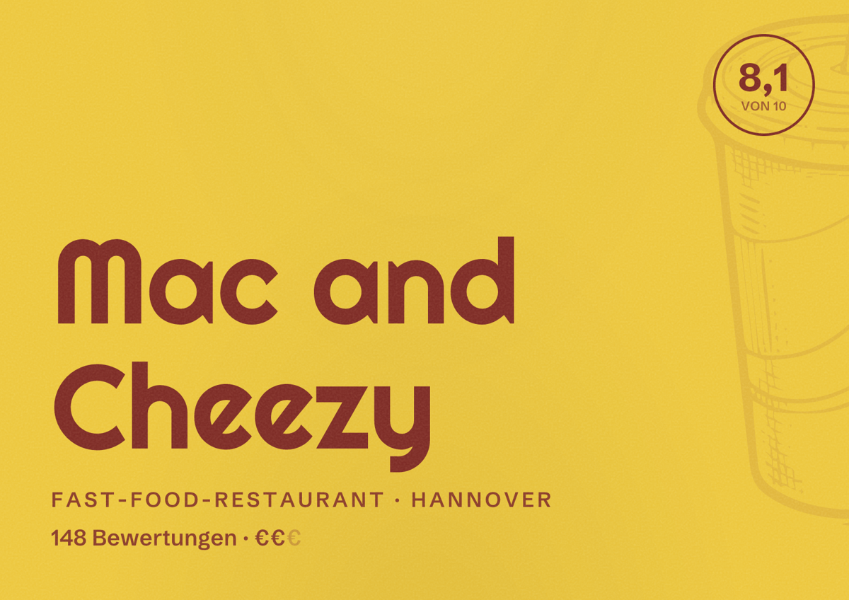 Illustriertes Poster von Mac and Cheezy, Fast-Food-Restaurant in Hannover: Bewertung 8,1 von 10 aus 148 Bewertungen, Preisniveau €€