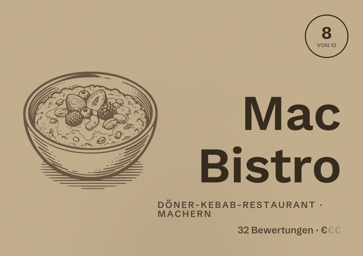 Illustriertes Poster von Mac Bistro, Döner-Kebab-Restaurant in Machern: Bewertung 8 von 10 aus 32 Bewertungen, Preisniveau €