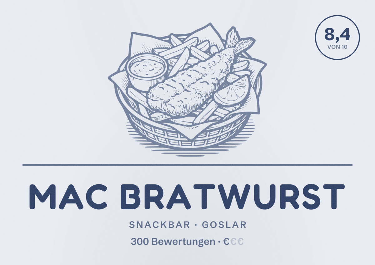 Illustriertes Poster von Mac Bratwurst, Snackbar in Goslar: Bewertung 8,4 von 10 aus 300 Bewertungen, Preisniveau €