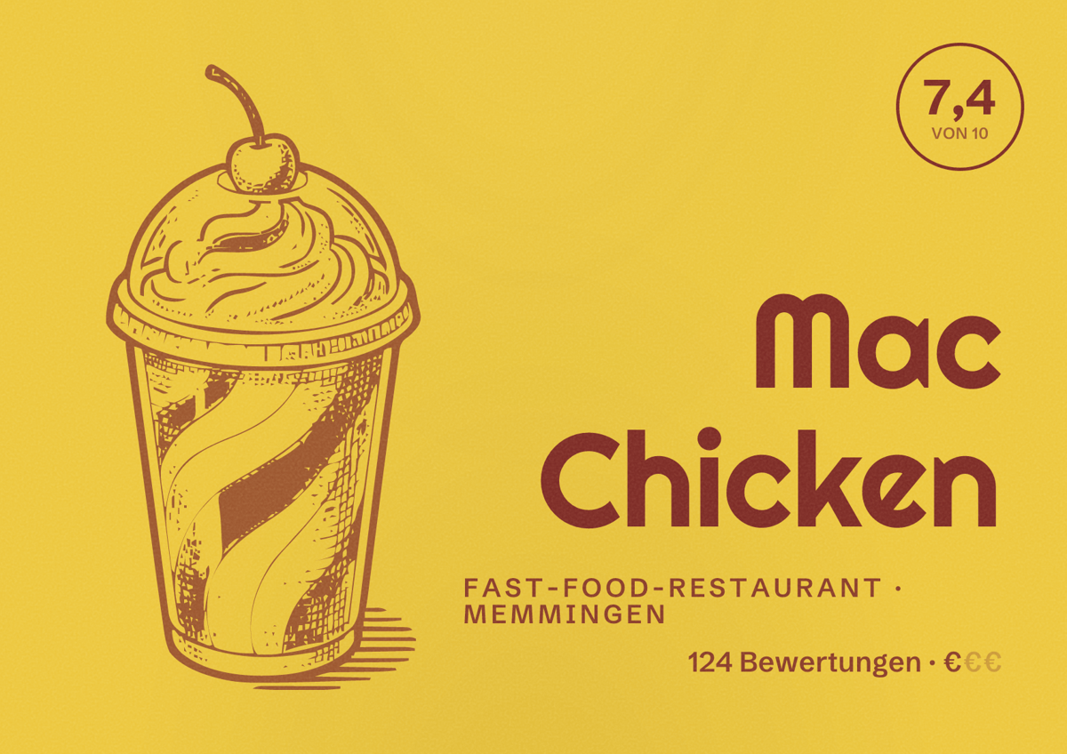 Illustriertes Poster von Mac Chicken, Fast-Food-Restaurant in Memmingen: Bewertung 7,4 von 10 aus 124 Bewertungen, Preisniveau €