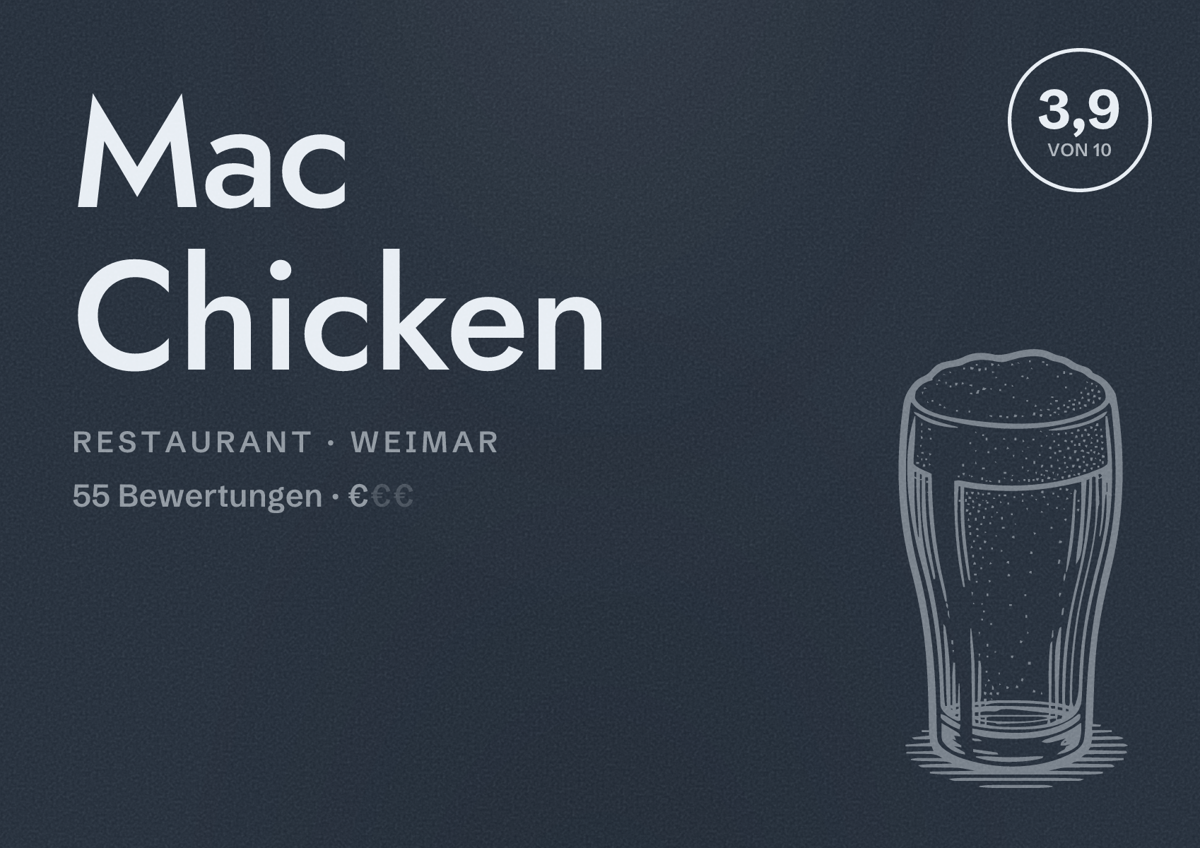 Illustriertes Poster von Mac Chicken, Restaurant in Weimar: Bewertung 3,9 von 10 aus 55 Bewertungen, Preisniveau €
