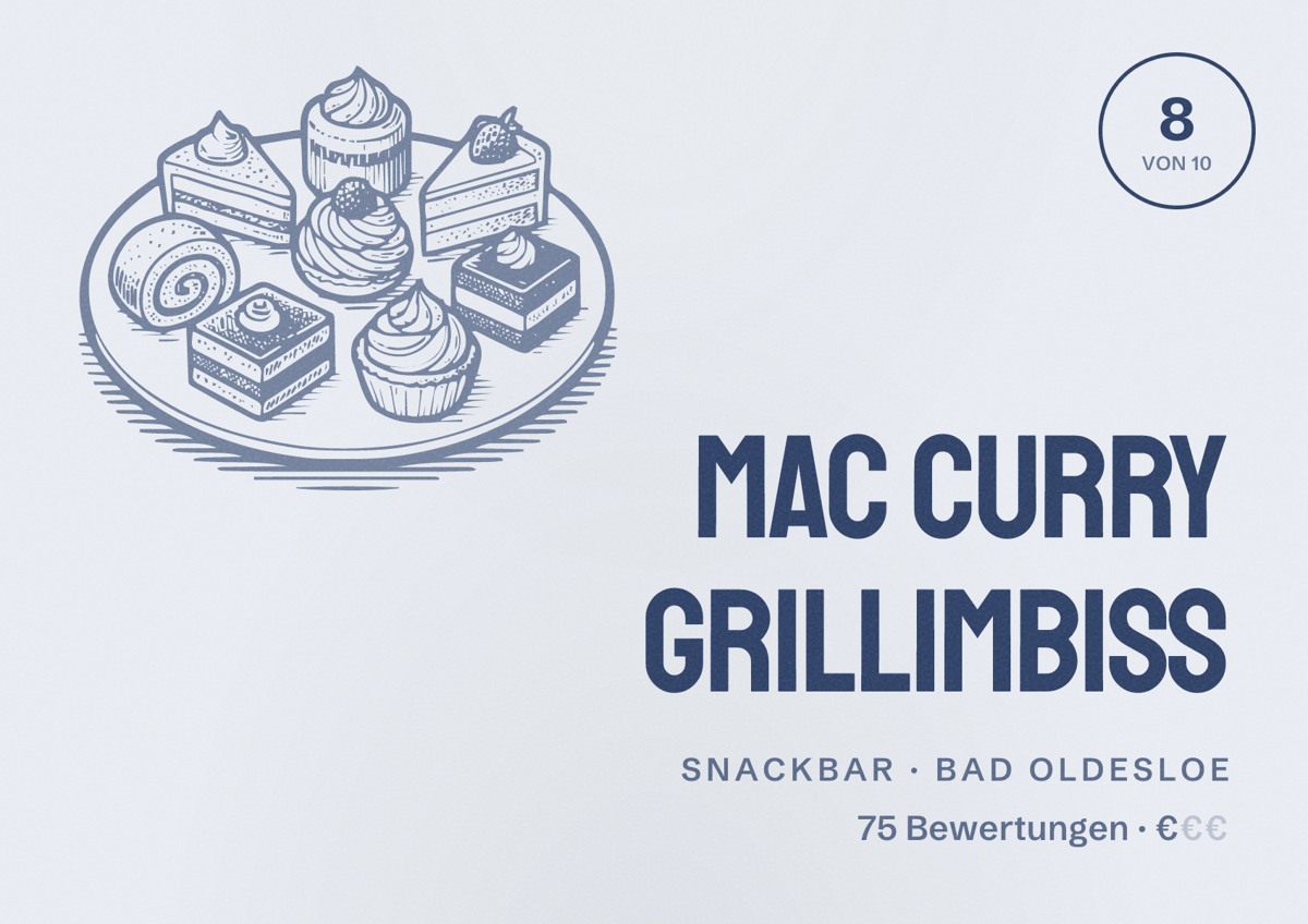 Illustriertes Poster von Mac Curry Grillimbiss, Snackbar in Bad Oldesloe: Bewertung 8 von 10 aus 75 Bewertungen, Preisniveau €