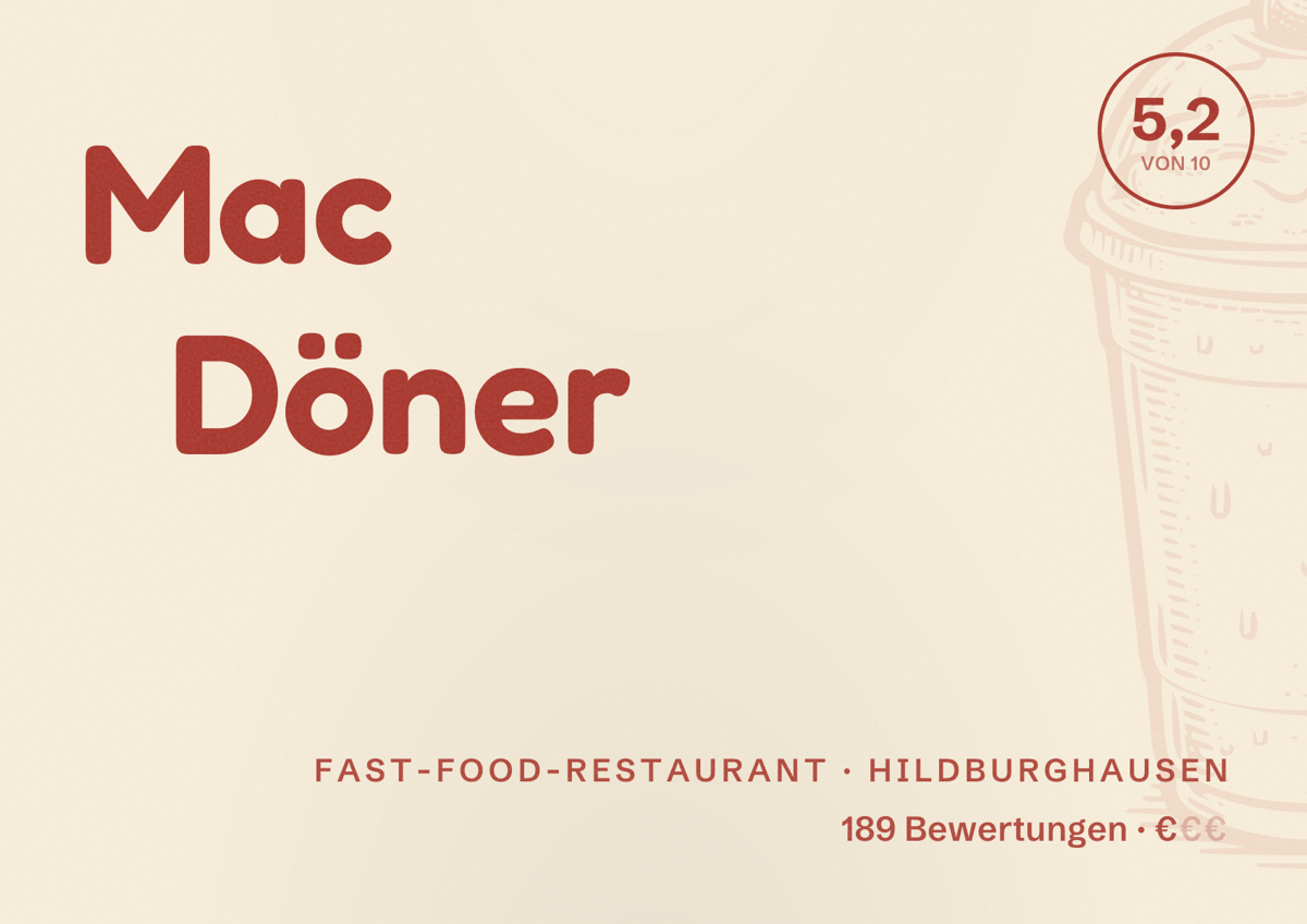 Illustriertes Poster von Mac Döner, Fast-Food-Restaurant in Hildburghausen: Bewertung 5,2 von 10 aus 189 Bewertungen, Preisniveau €