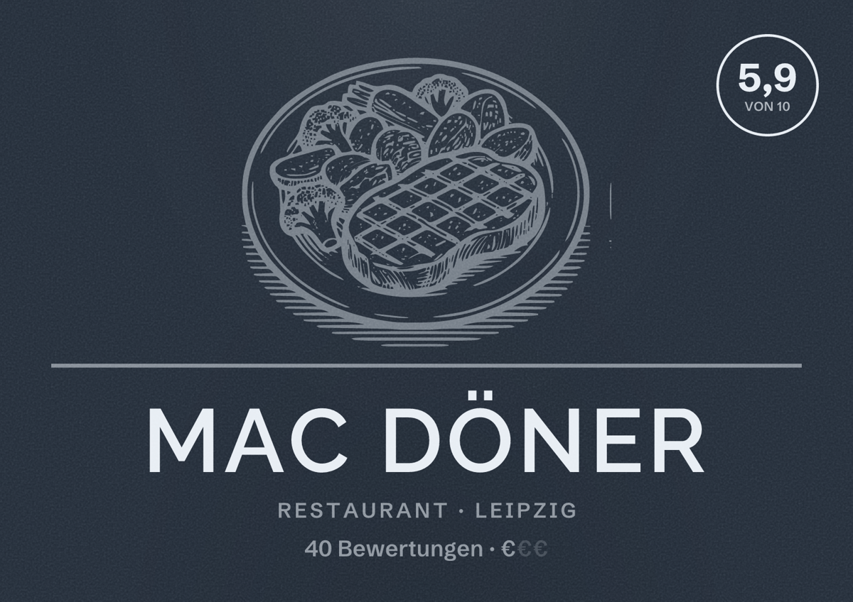 Illustriertes Poster von Mac Döner, Restaurant in Leipzig: Bewertung 5,9 von 10 aus 40 Bewertungen, Preisniveau €