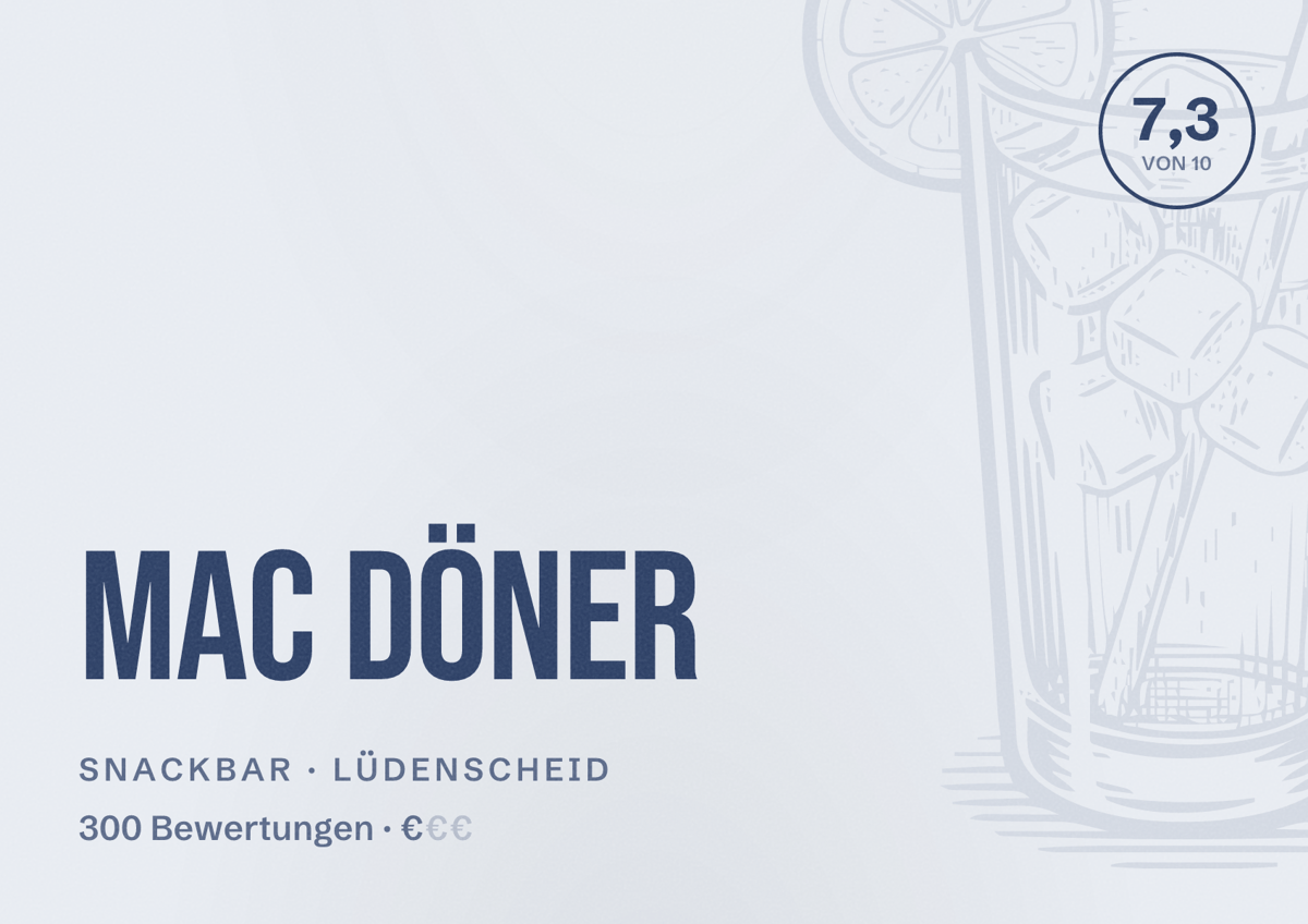 Illustriertes Poster von Mac Döner, Snackbar in Lüdenscheid: Bewertung 7,3 von 10 aus 300 Bewertungen, Preisniveau €