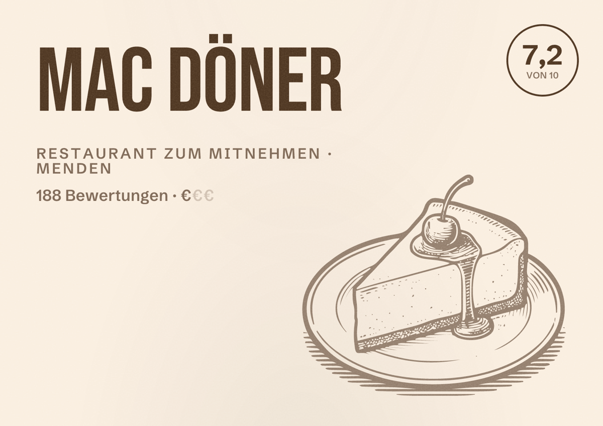 Illustriertes Poster von Mac Döner, Restaurant zum Mitnehmen in Menden: Bewertung 7,2 von 10 aus 188 Bewertungen, Preisniveau €