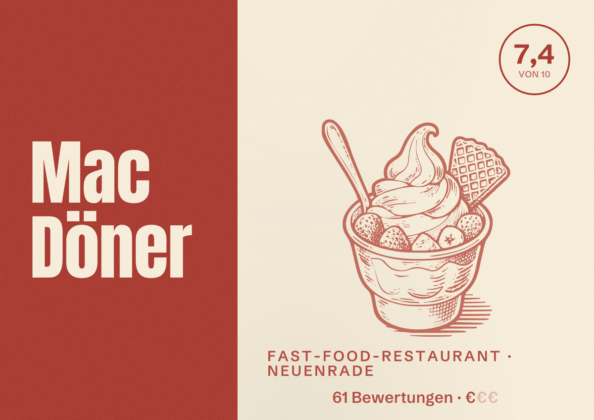 Illustriertes Poster von Mac Döner, Fast-Food-Restaurant in Neuenrade: Bewertung 7,4 von 10 aus 61 Bewertungen, Preisniveau €