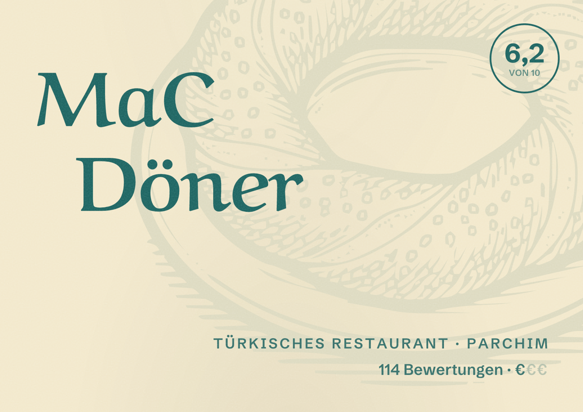 Illustriertes Poster von MaC Döner, Türkisches Restaurant in Parchim: Bewertung 6,2 von 10 aus 114 Bewertungen, Preisniveau €