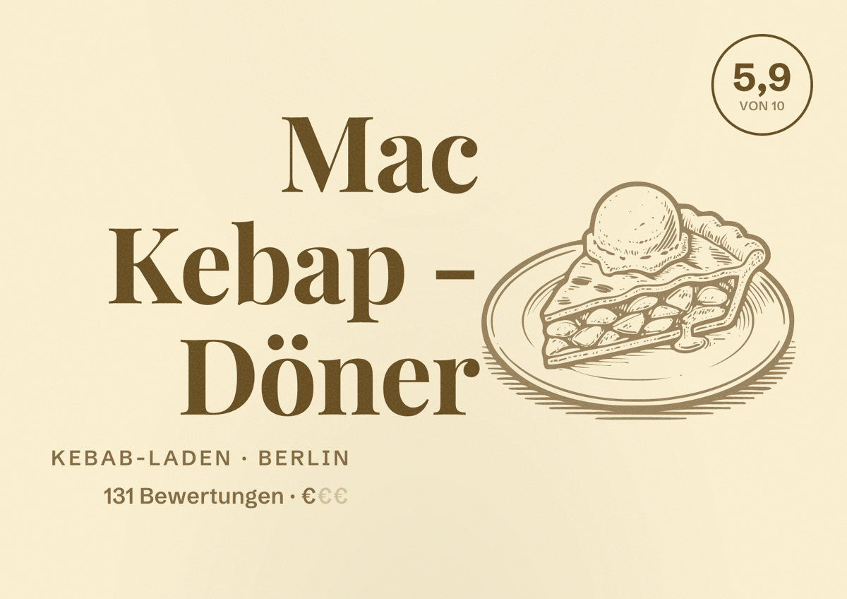 Illustriertes Poster von Mac Kebap - Döner, Kebab-Laden in Berlin: Bewertung 5,9 von 10 aus 131 Bewertungen, Preisniveau €