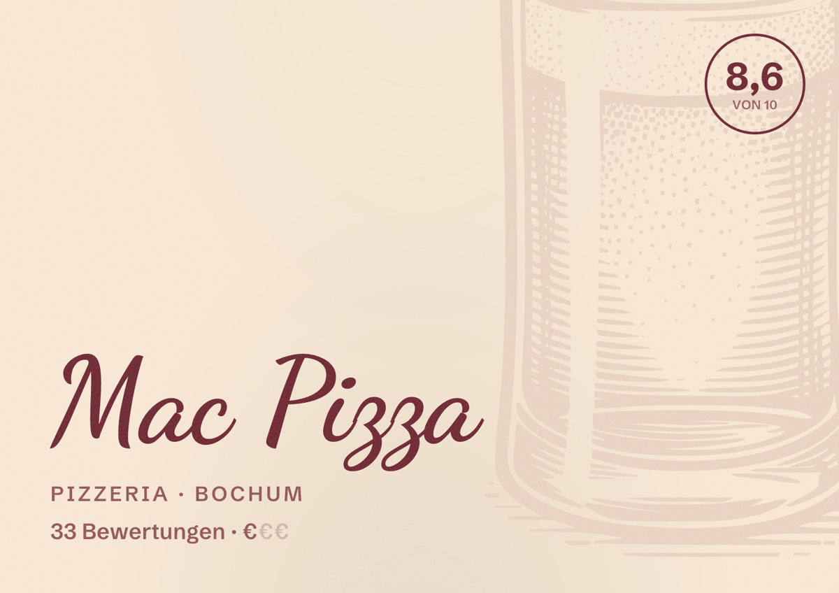 Illustriertes Poster von Mac Pizza, Pizzeria in Bochum: Bewertung 8,6 von 10 aus 33 Bewertungen, Preisniveau €