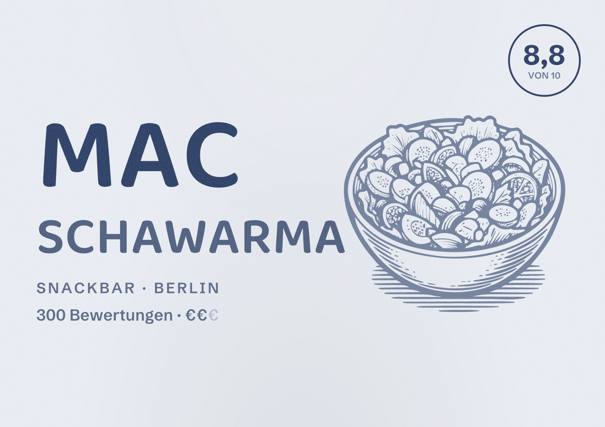 Illustriertes Poster von Mac Schawarma, Snackbar in Berlin: Bewertung 8,8 von 10 aus 300 Bewertungen, Preisniveau €€