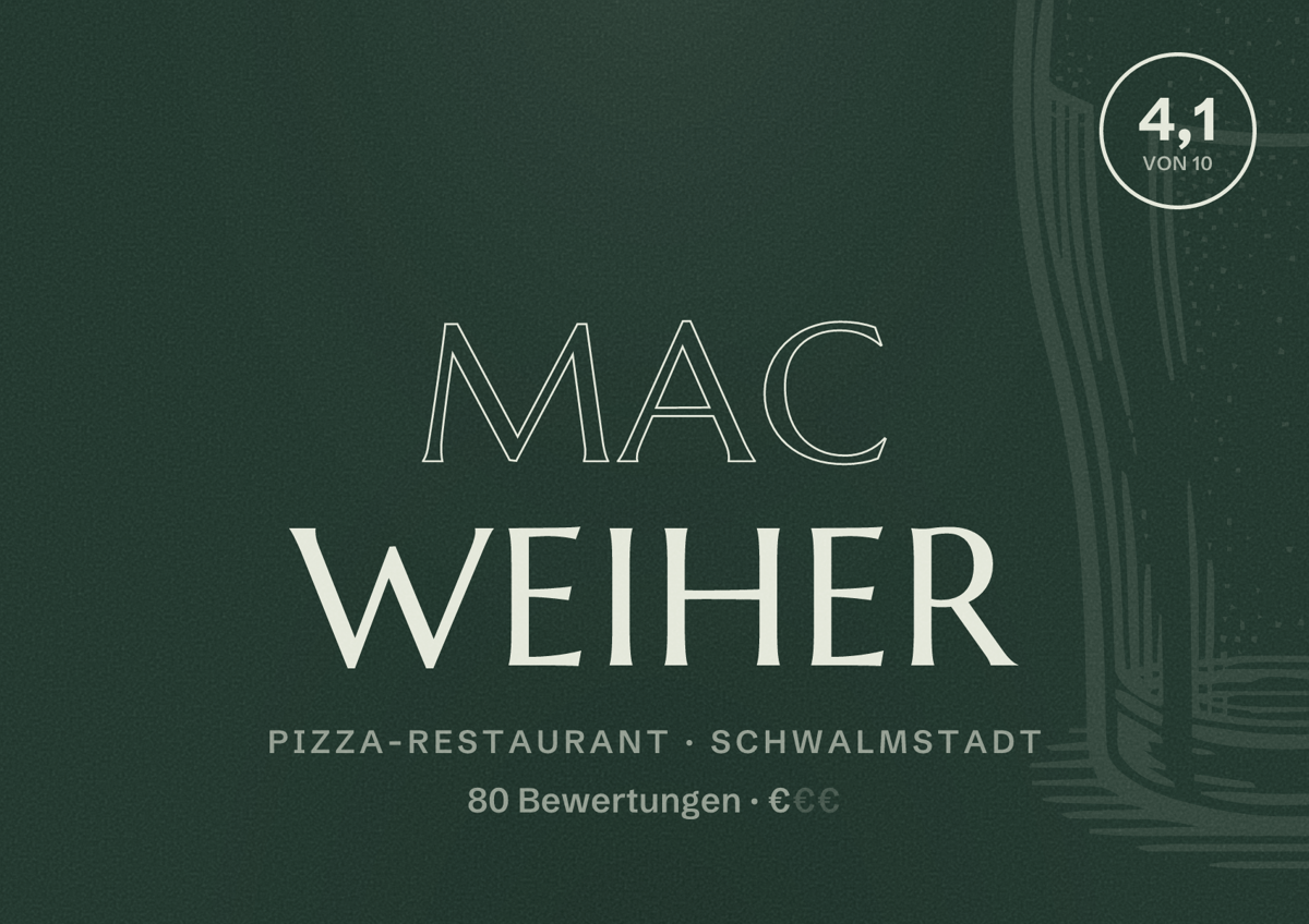 Illustriertes Poster von Mac Weiher, Pizza-Restaurant in Schwalmstadt: Bewertung 4,1 von 10 aus 80 Bewertungen, Preisniveau €