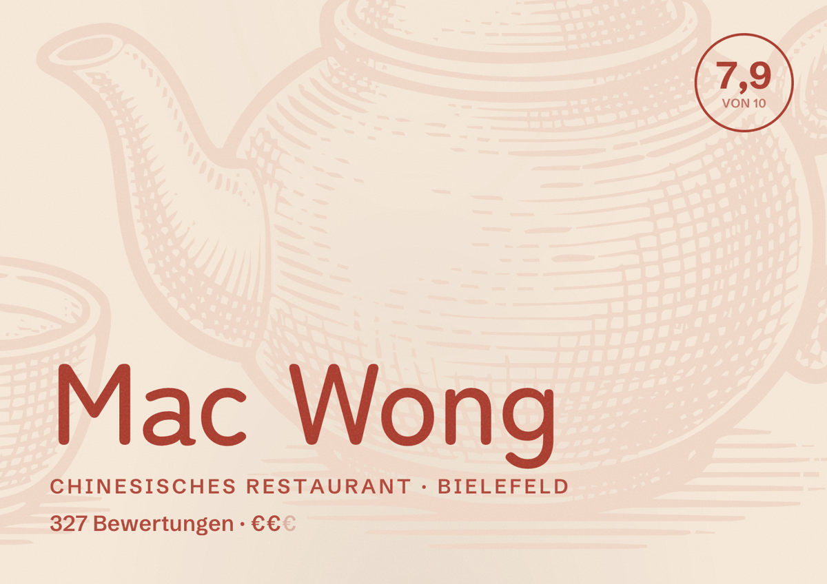 Illustriertes Poster von Mac Wong, Chinesisches Restaurant in Bielefeld: Bewertung 7,9 von 10 aus 327 Bewertungen, Preisniveau €€