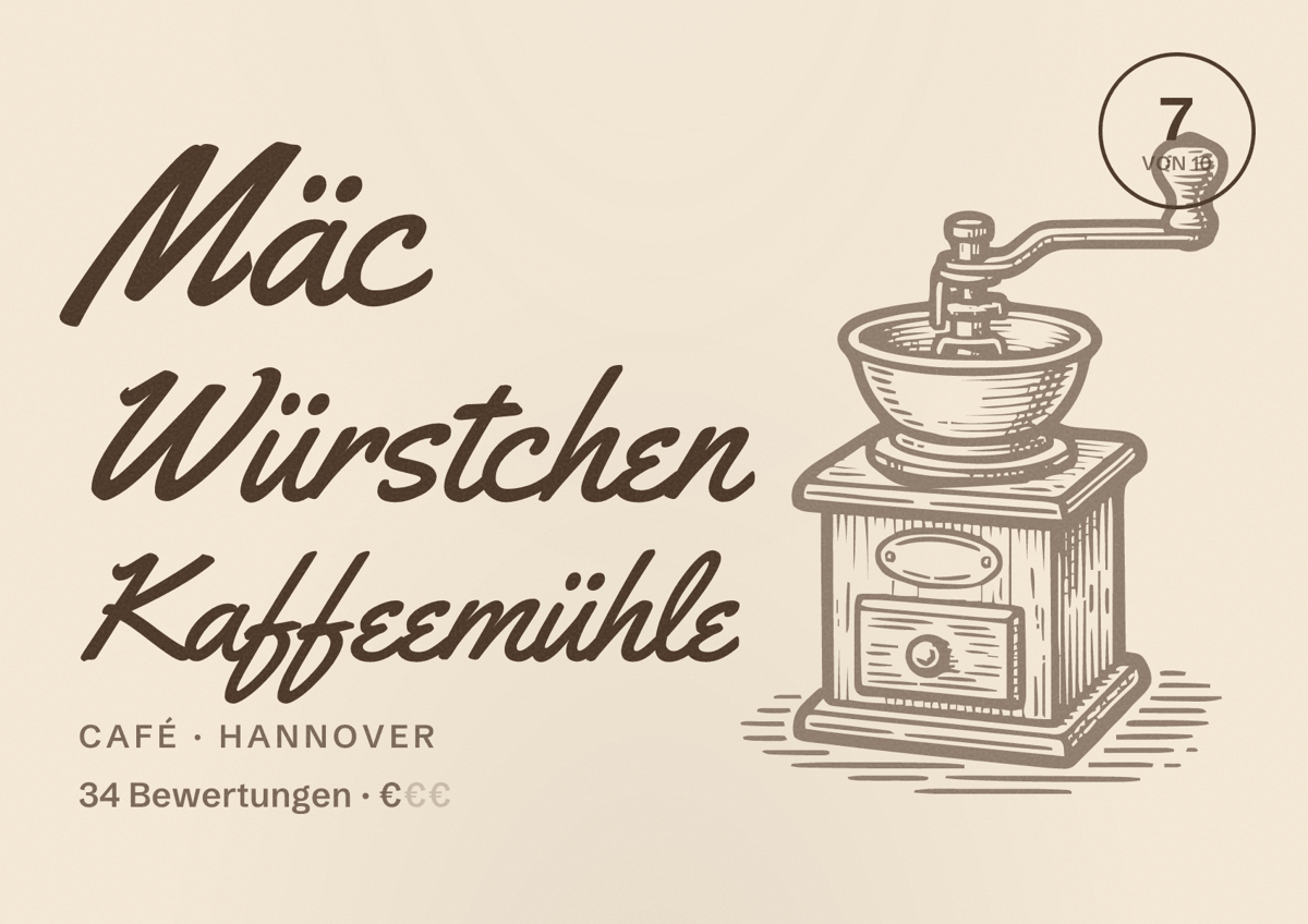 Illustriertes Poster von Mäc Würstchen Kaffeemühle, Café in Hannover: Bewertung 7,0 von 10 aus 34 Bewertungen, Preisniveau €