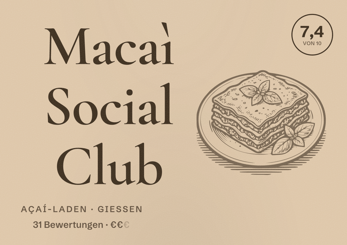 Illustriertes Poster von Macaì Social Club, Açaí-Laden in Gießen: Bewertung 7,4 von 10 aus 31 Bewertungen, Preisniveau €€