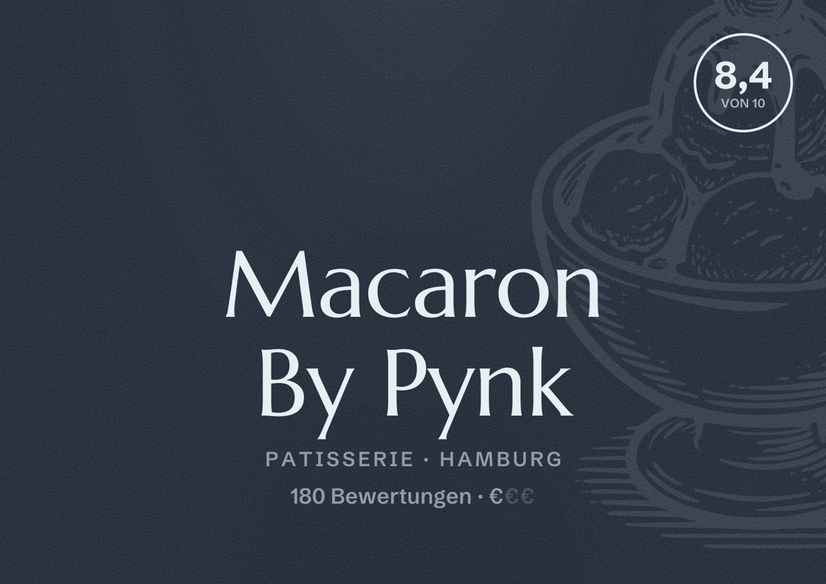 Illustriertes Poster von Macaron By Pynk, Patisserie in Hamburg: Bewertung 8,4 von 10 aus 180 Bewertungen, Preisniveau €