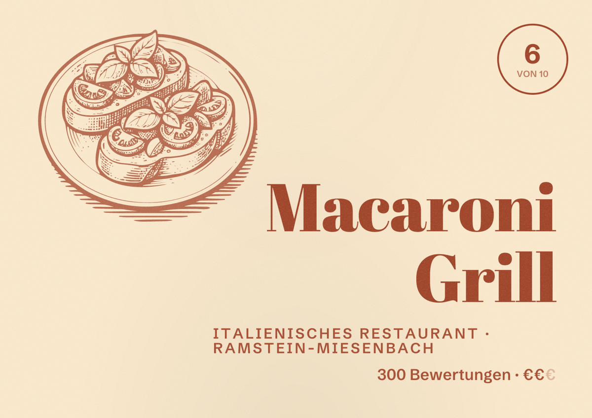 Illustriertes Poster von Macaroni Grill, Italienisches Restaurant in Ramstein-Miesenbach: Bewertung 6 von 10 aus 300 Bewertungen, Preisniveau €€