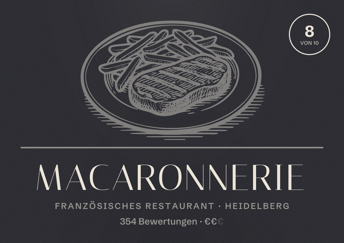 Illustriertes Poster von Macaronnerie, Französisches Restaurant in Heidelberg: Bewertung 8,0 von 10 aus 354 Bewertungen, Preisniveau €€