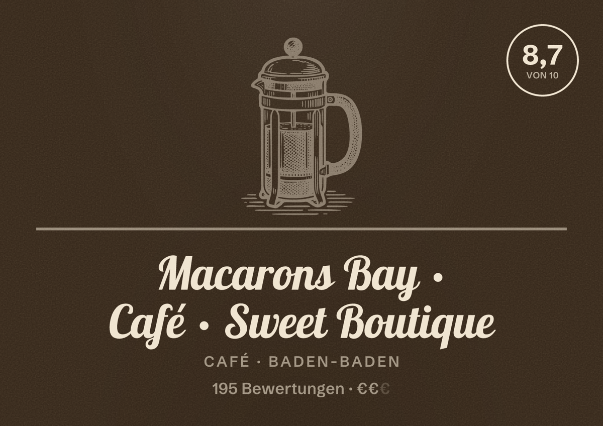 Illustriertes Poster von Macarons Bay · Café · Sweet Boutique, Café in Baden-Baden: Bewertung 8,7 von 10 aus 195 Bewertungen, Preisniveau €€
