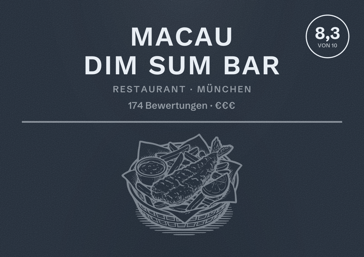 Illustriertes Poster von Macau Dim Sum Bar, Restaurant in München: Bewertung 8,3 von 10 aus 174 Bewertungen, Preisniveau €€€