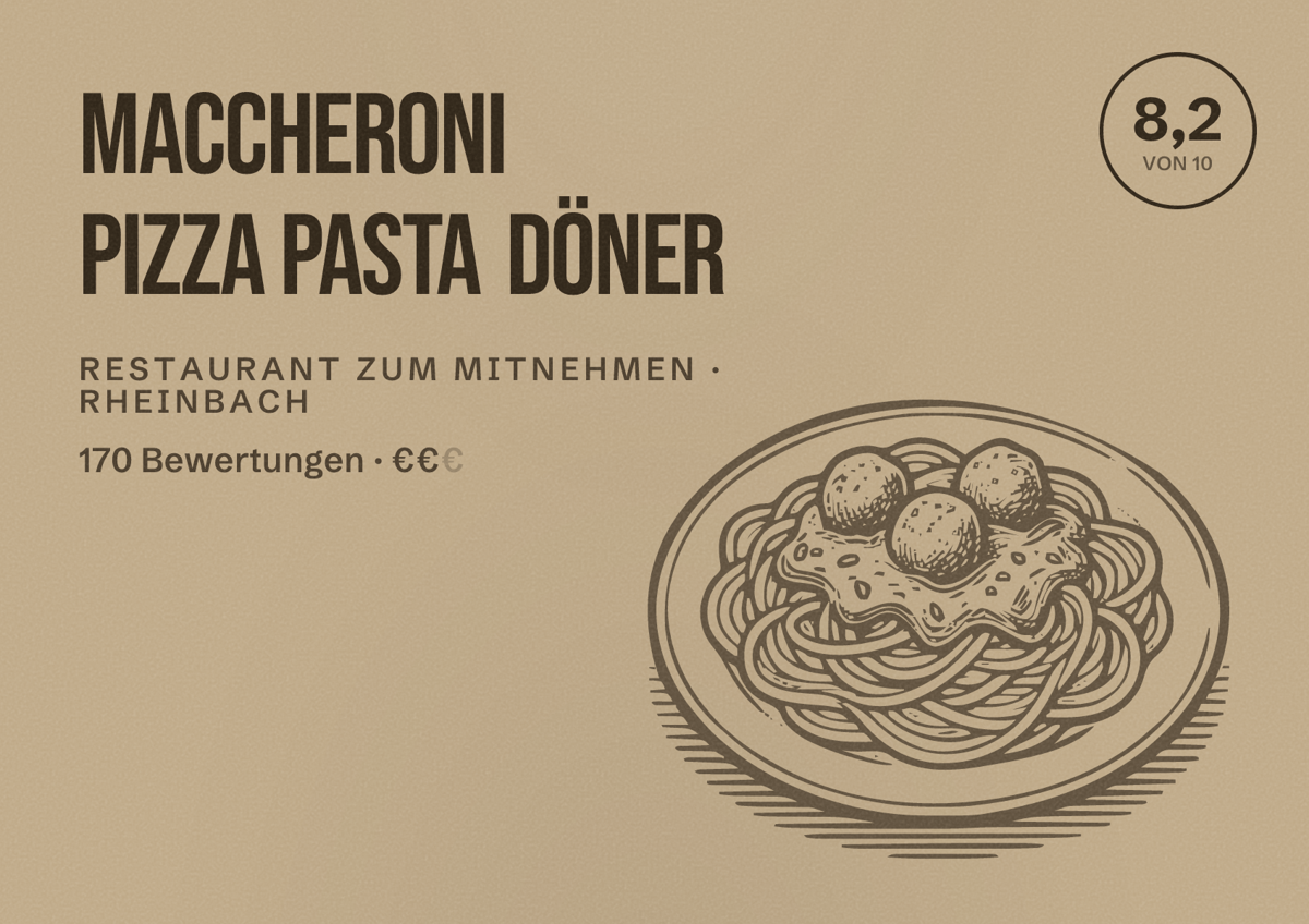 Illustriertes Poster von MACCHERONI PIZZA PASTA DÖNER, Restaurant zum Mitnehmen in Rheinbach: Bewertung 8,2 von 10 aus 170 Bewertungen, Preisniveau €€