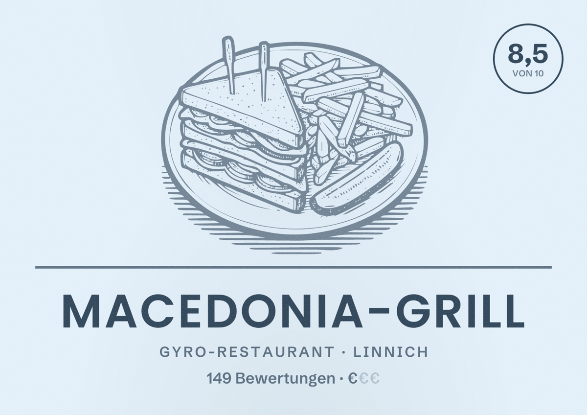 Illustriertes Poster von Macedonia-Grill, Gyro-Restaurant in Linnich: Bewertung 8,5 von 10 aus 149 Bewertungen, Preisniveau €