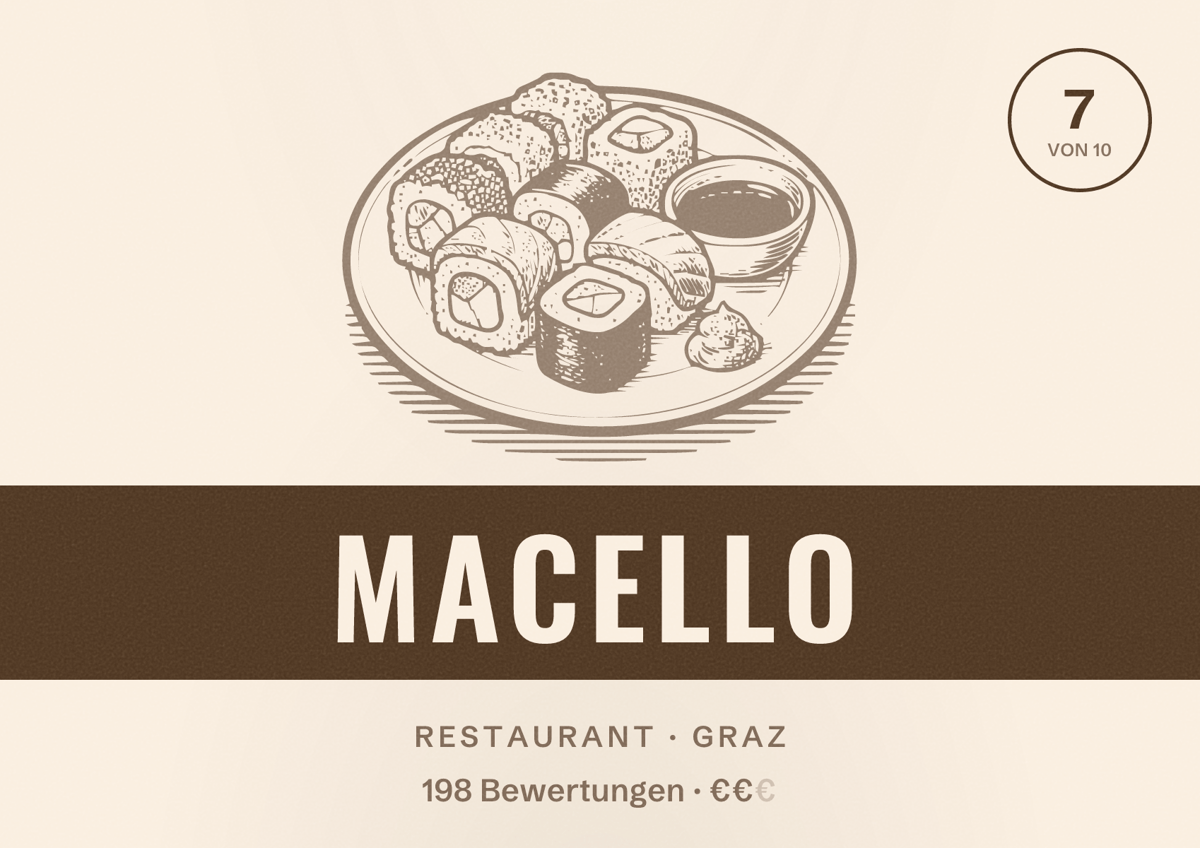 Illustriertes Poster von Macello, Restaurant in Graz: Bewertung 7 von 10 aus 198 Bewertungen, Preisniveau €€