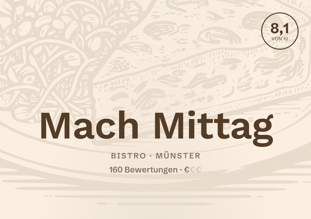 Illustriertes Poster von Mach Mittag, Bistro in Münster: Bewertung 8,1 von 10 aus 160 Bewertungen, Preisniveau €