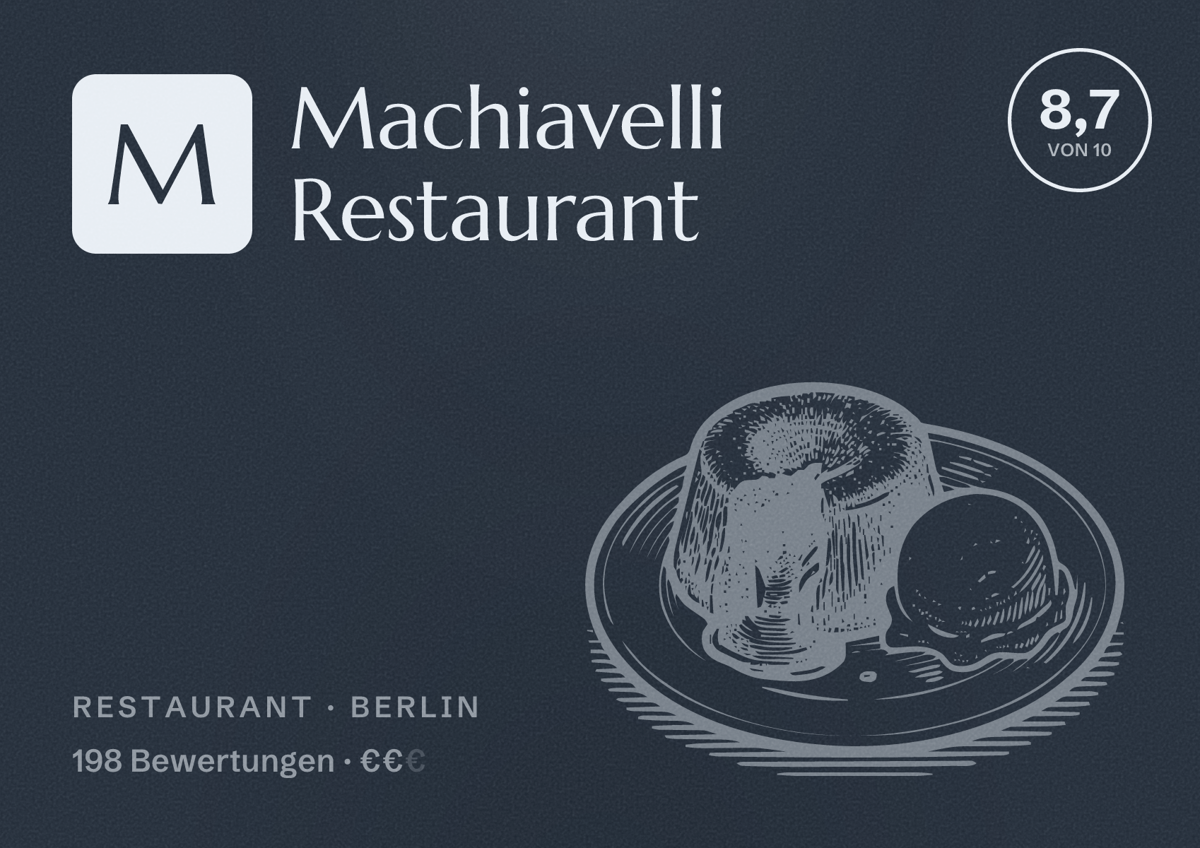 Illustriertes Poster von Machiavelli Restaurant, Restaurant in Berlin: Bewertung 8,7 von 10 aus 198 Bewertungen, Preisniveau €€