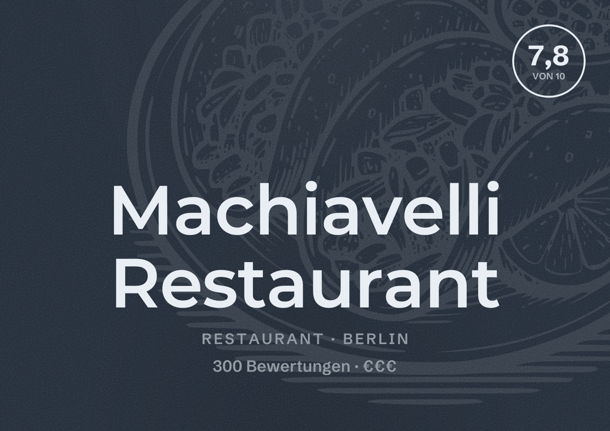 Illustriertes Poster von Machiavelli Restaurant, Restaurant in Berlin: Bewertung 7,8 von 10 aus 300 Bewertungen, Preisniveau €€€