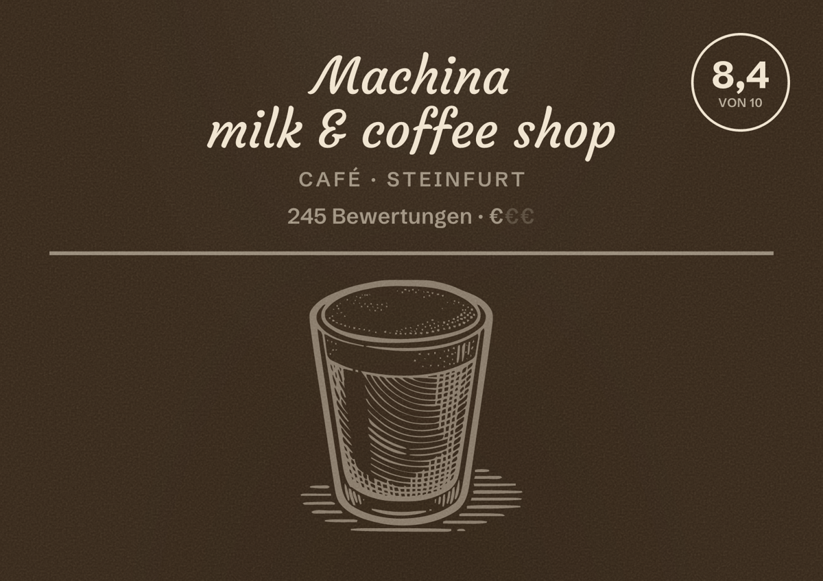 Illustriertes Poster von Machina milk & coffee shop, Café in Steinfurt: Bewertung 8,4 von 10 aus 245 Bewertungen, Preisniveau €
