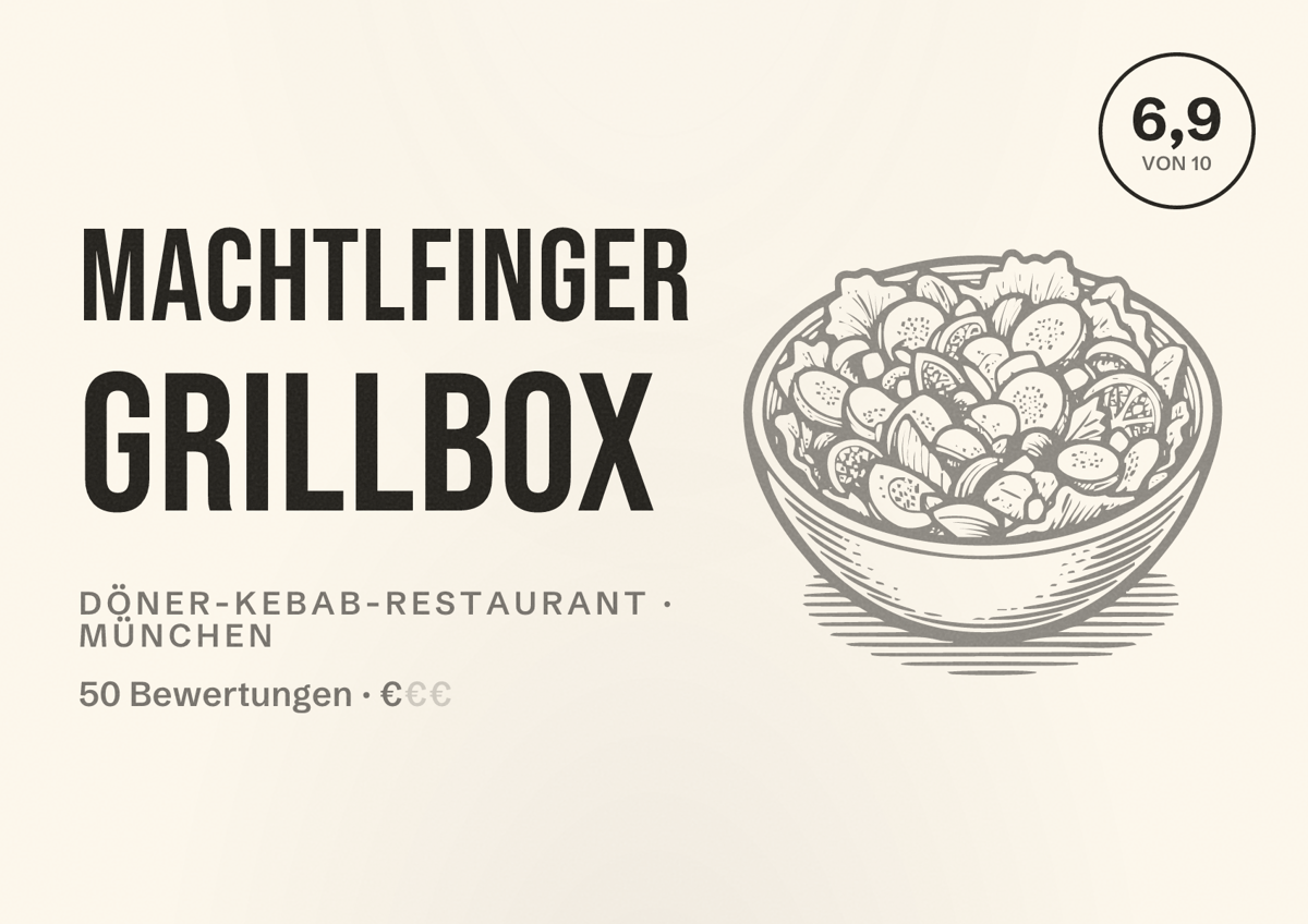 Illustriertes Poster von Machtlfinger Grillbox, Döner-Kebab-Restaurant in München: Bewertung 6,9 von 10 aus 50 Bewertungen, Preisniveau €