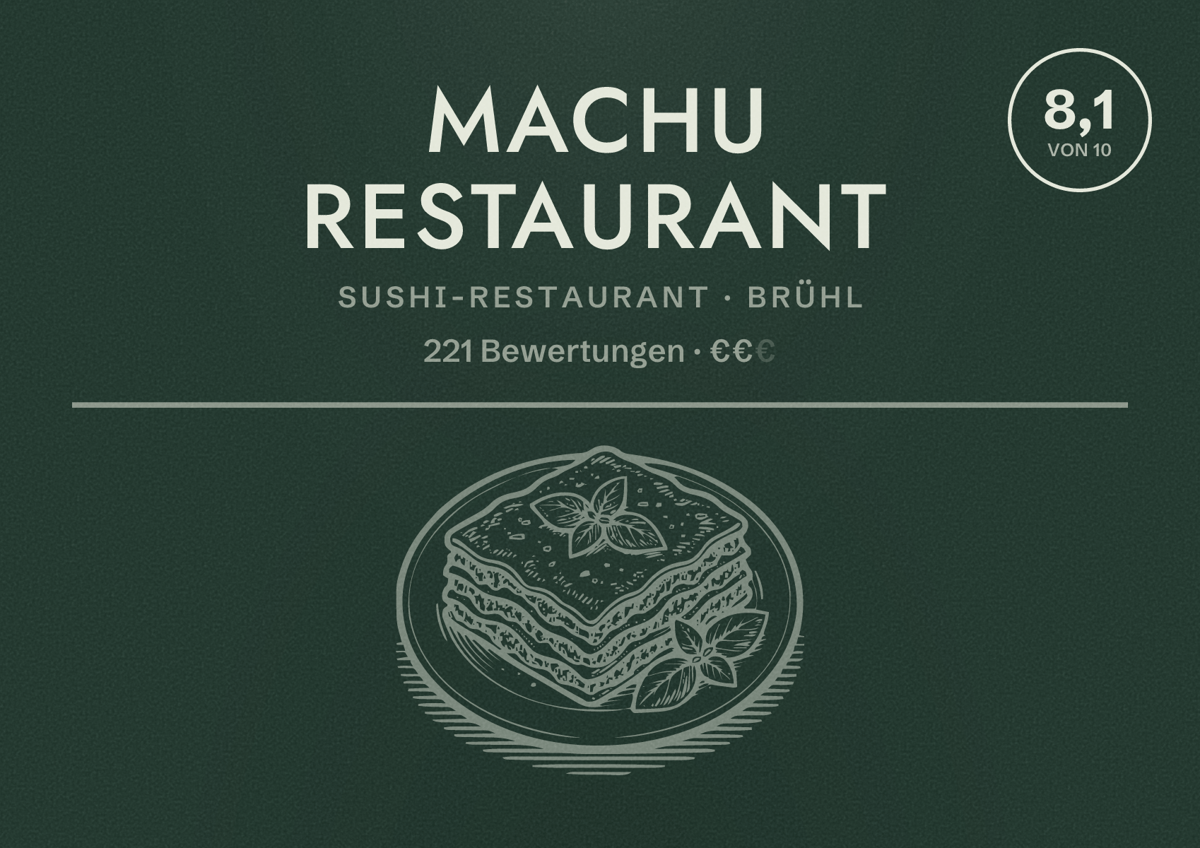Illustriertes Poster von MACHU Restaurant, Sushi-Restaurant in Brühl: Bewertung 8,1 von 10 aus 221 Bewertungen, Preisniveau €€