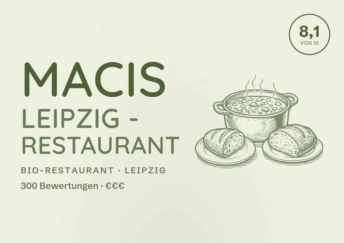 Illustriertes Poster von Macis Leipzig - Restaurant, Bio-Restaurant in Leipzig: Bewertung 8,1 von 10 aus 300 Bewertungen, Preisniveau €€€