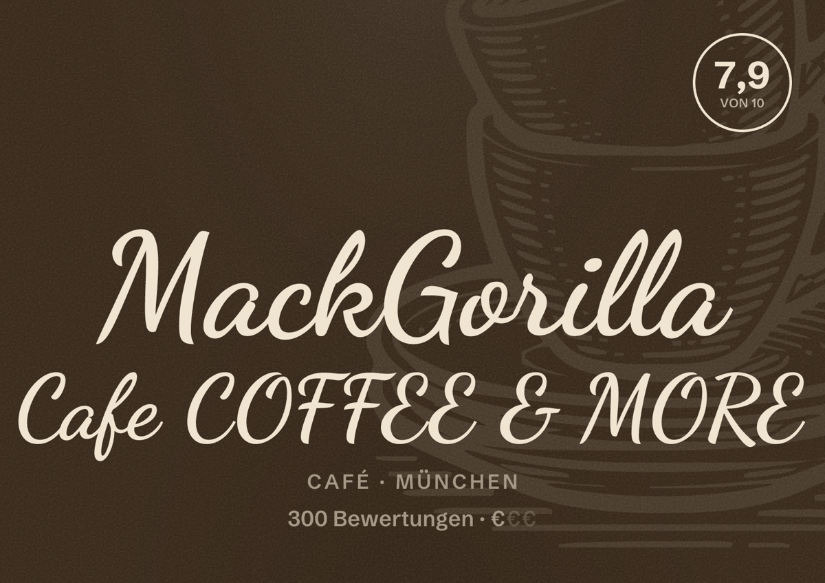 Illustriertes Poster von MackGorilla Cafe COFFEE & MORE, Café in München: Bewertung 7,9 von 10 aus 300 Bewertungen, Preisniveau €