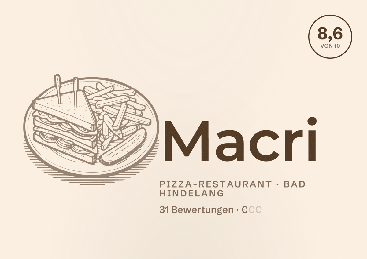 Illustriertes Poster von Macri, Pizza-Restaurant in Bad Hindelang: Bewertung 8,6 von 10 aus 31 Bewertungen, Preisniveau €