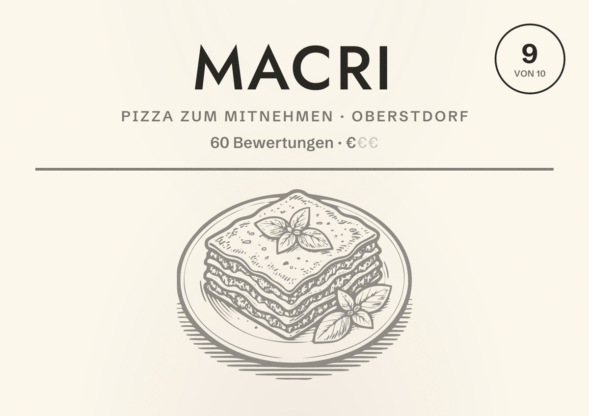 Illustriertes Poster von Macri, Pizza zum Mitnehmen in Oberstdorf: Bewertung 9 von 10 aus 60 Bewertungen, Preisniveau €