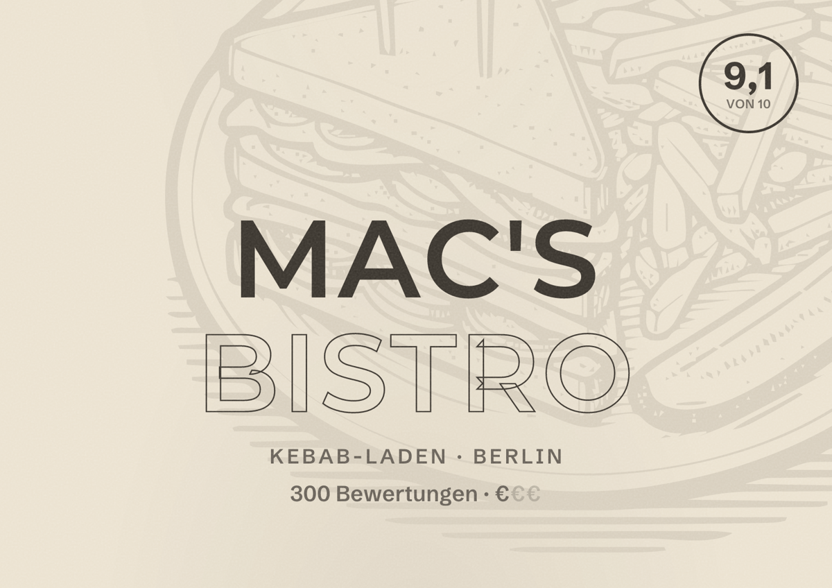 Illustriertes Poster von MAC'S BISTRO, Kebab-Laden in Berlin: Bewertung 9,1 von 10 aus 300 Bewertungen, Preisniveau €