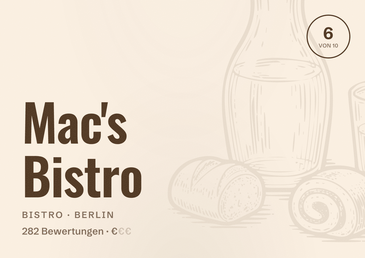 Illustriertes Poster von Mac's Bistro, Bistro in Berlin: Bewertung 6,0 von 10 aus 282 Bewertungen, Preisniveau €