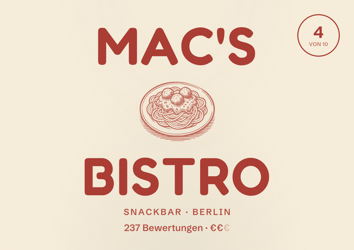 Illustriertes Poster von Mac's Bistro, Snackbar in Berlin: Bewertung 4,0 von 10 aus 237 Bewertungen, Preisniveau €€