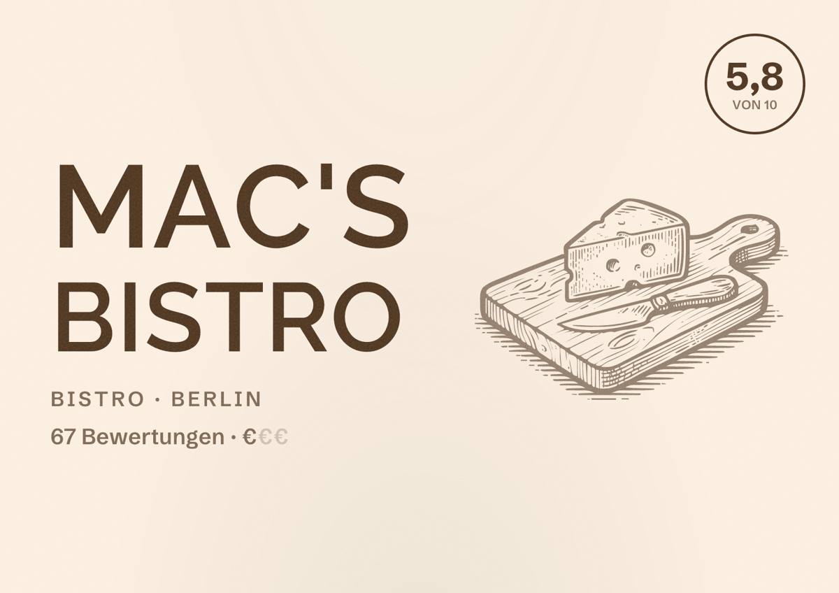Illustriertes Poster von Mac's Bistro, Bistro in Berlin: Bewertung 5,8 von 10 aus 67 Bewertungen, Preisniveau €