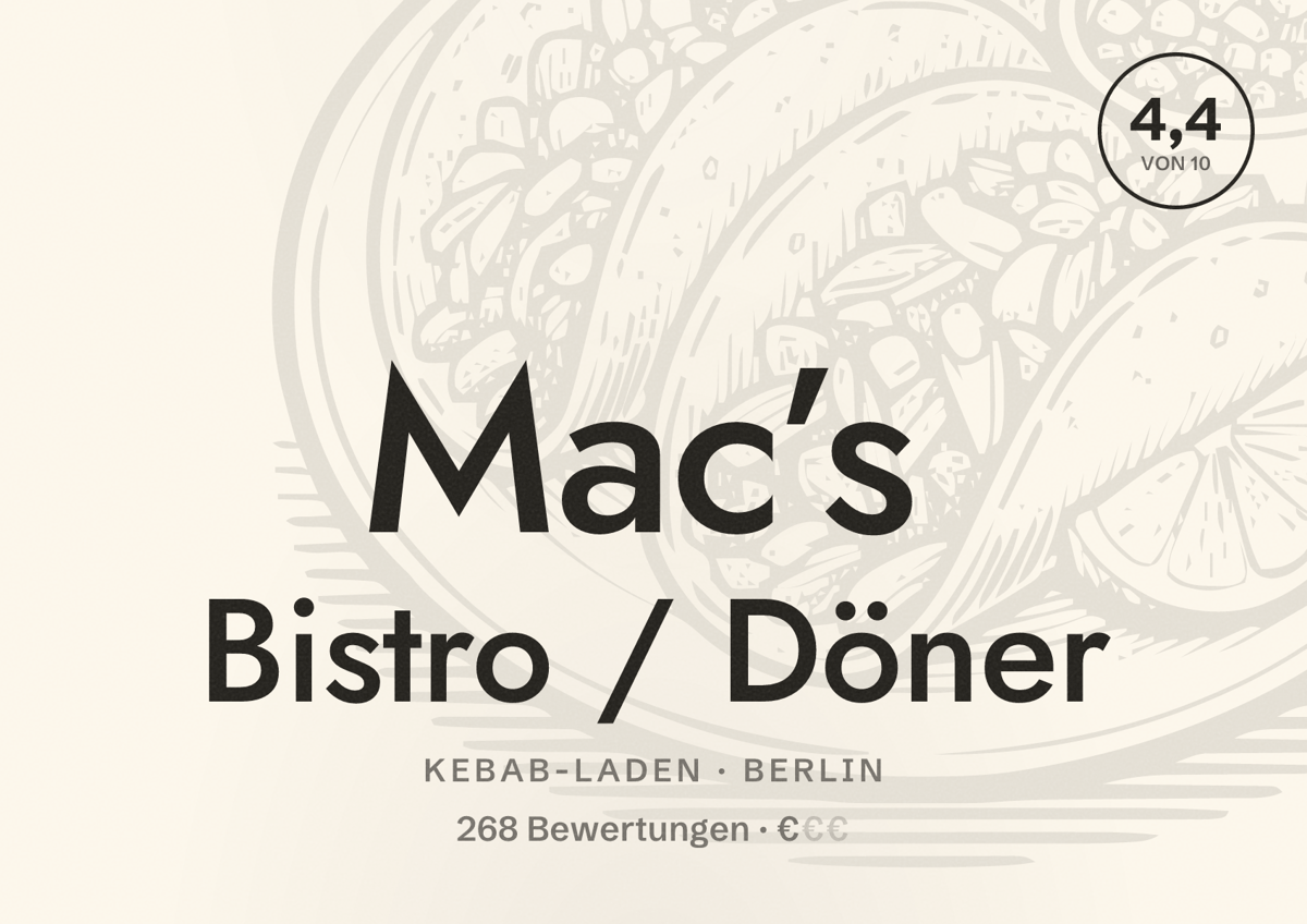 Illustriertes Poster von Mac’s Bistro / Döner, Kebab-Laden in Berlin: Bewertung 4,4 von 10 aus 268 Bewertungen, Preisniveau €