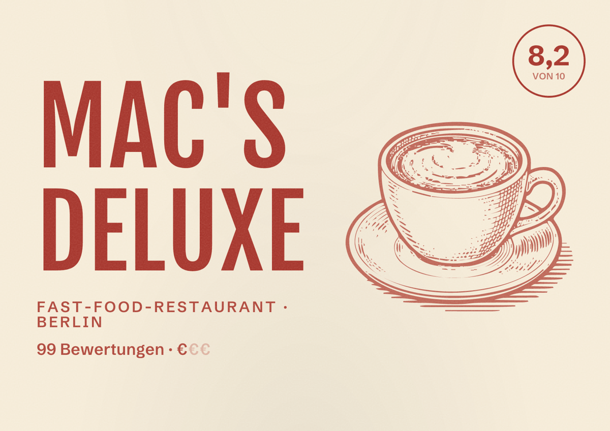 Illustriertes Poster von Mac's Deluxe, Fast-Food-Restaurant in Berlin: Bewertung 8,2 von 10 aus 99 Bewertungen, Preisniveau €