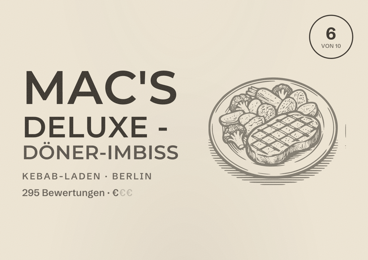 Illustriertes Poster von MAC'S DELUXE - Döner-Imbiss, Kebab-Laden in Berlin: Bewertung 6,0 von 10 aus 295 Bewertungen, Preisniveau €