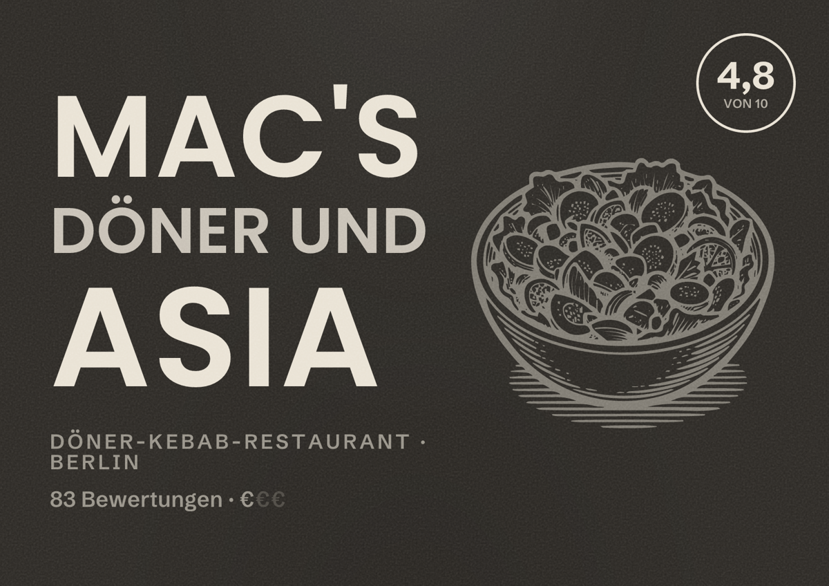 Illustriertes Poster von Mac's DÖNER und Asia, Döner-Kebab-Restaurant in Berlin: Bewertung 4,8 von 10 aus 83 Bewertungen, Preisniveau €
